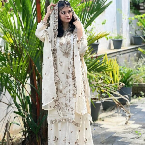 Designer Chinon Silk Kurti Sharara & Dupatta Set with Zari & Sequin Work