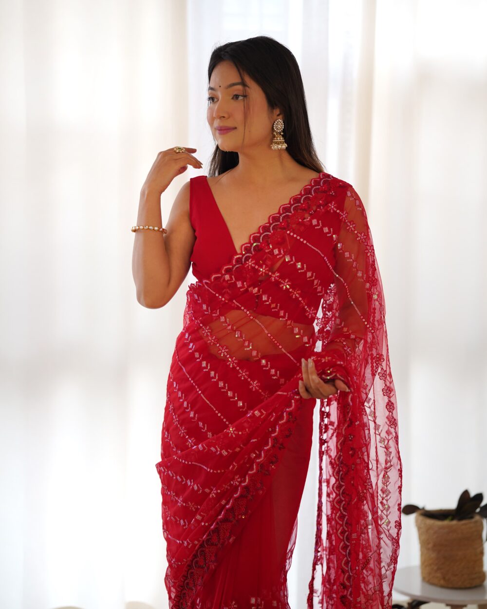 Butterfly Net Embroidered Saree with Multicolour Sequin & Cutwork Border - Image 2