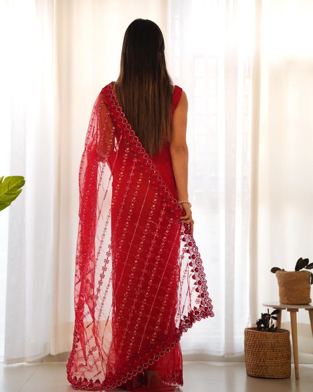 Butterfly Net Embroidered Saree with Multicolour Sequin & Cutwork Border - Image 3