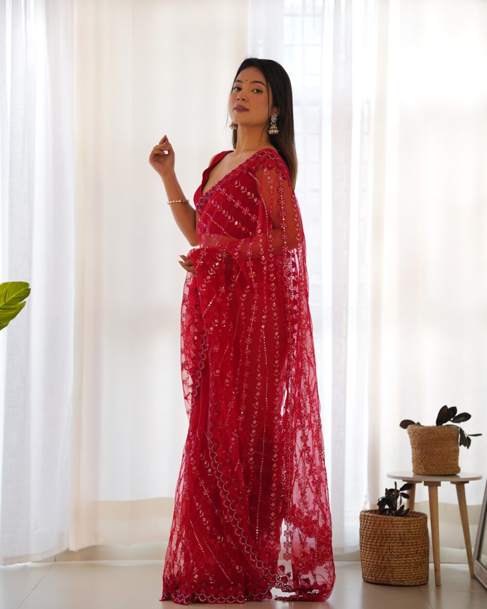 Butterfly Net Embroidered Saree with Multicolour Sequin & Cutwork Border - Image 4