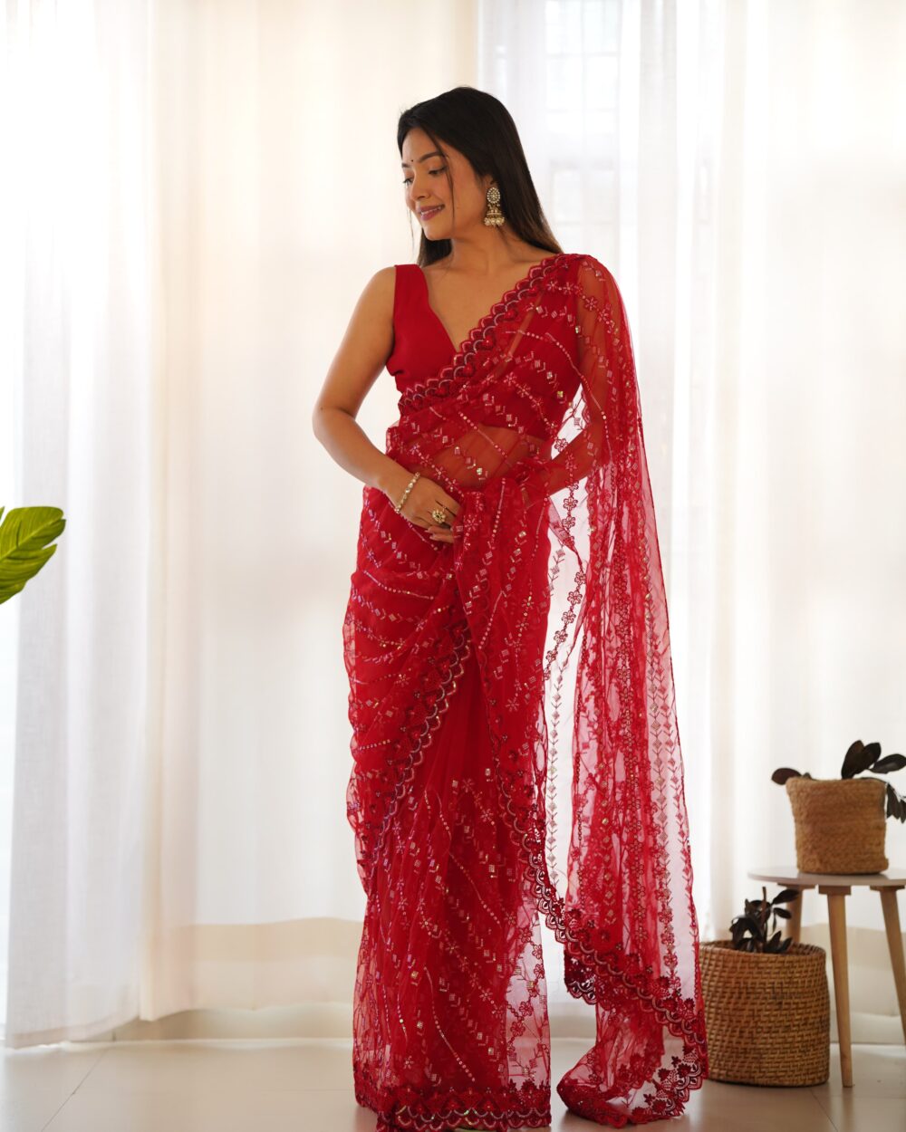 Butterfly Net Embroidered Saree with Multicolour Sequin & Cutwork Border