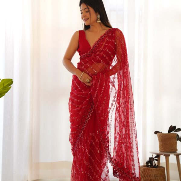 Butterfly Net Embroidered Saree with Multicolour Sequin & Cutwork Border