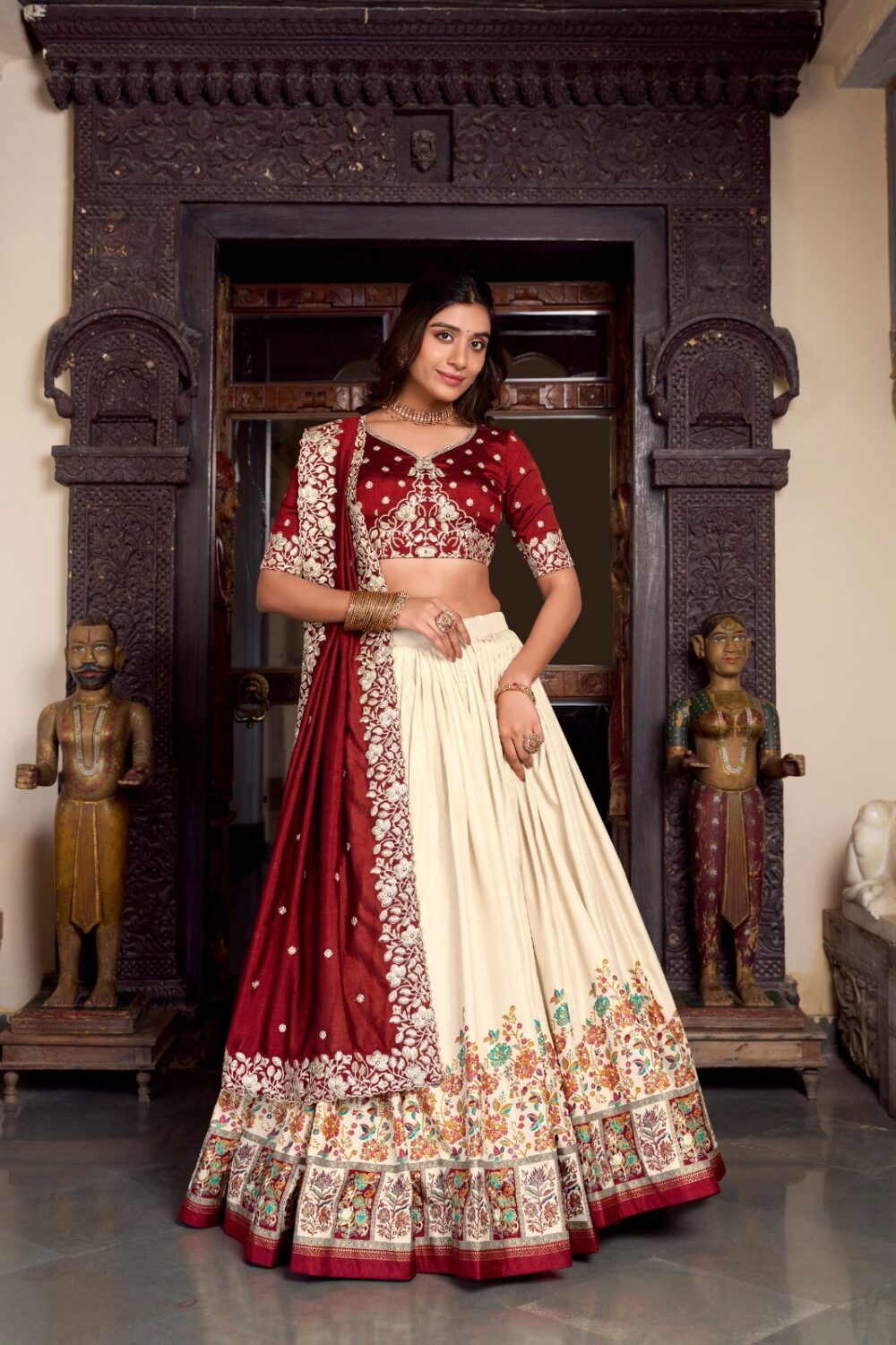 Tussar Silk Printed Lehenga with Embroidered Blouse & Dupatta  Designer Tussar Silk Lehenga Set with Vichitra Silk Embroidery Work - Image 4