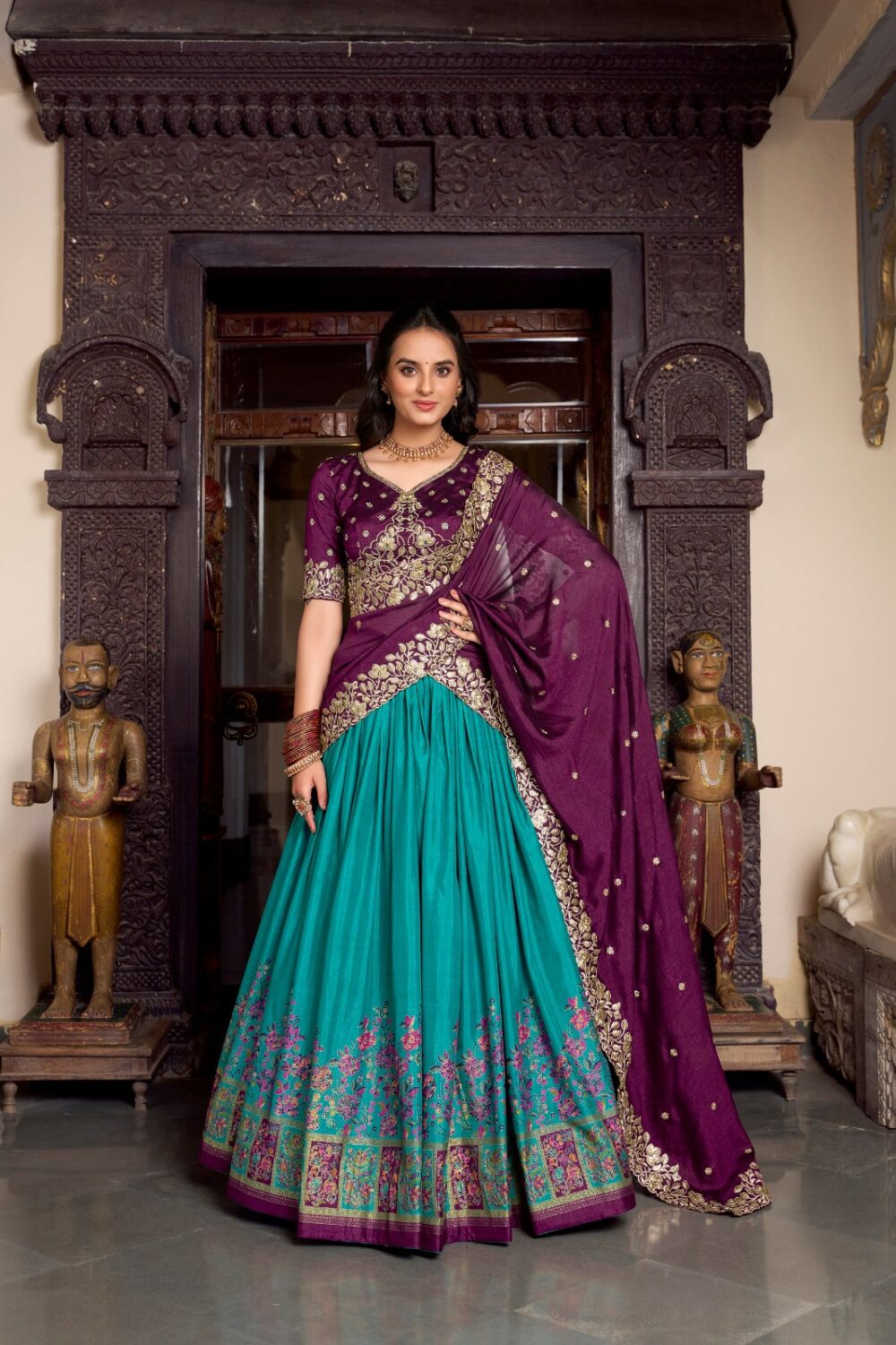 Tussar Silk Printed Lehenga with Embroidered Blouse & Dupatta  Designer Tussar Silk Lehenga Set with Vichitra Silk Embroidery Work - Image 3