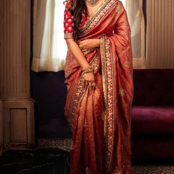 Banarasi Crush Saree with Sequins and Jari Dori Embroidered Lace Border