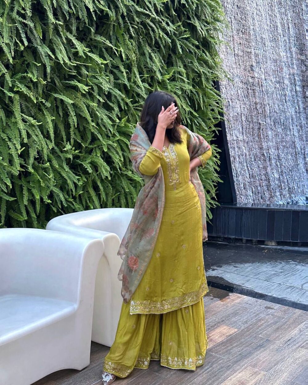 Nooraya Georgette Sharara Set with Handcrafted Embroidery & Floral Dupatta - Image 2