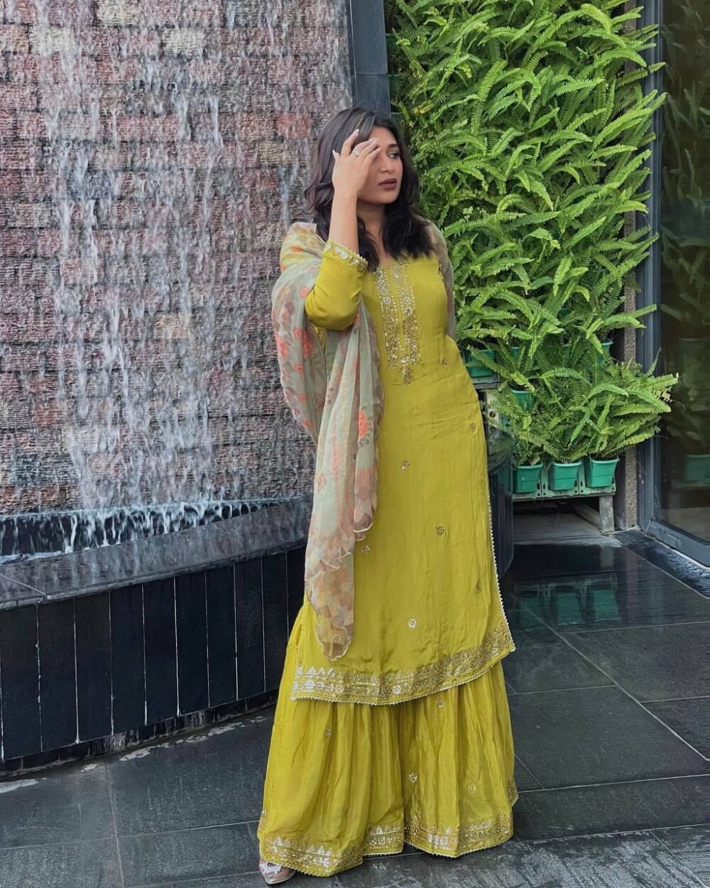 Nooraya Georgette Sharara Set with Handcrafted Embroidery & Floral Dupatta - Image 5