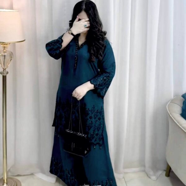 Women's Dark Teal Embroidered Kurta with Palazzo Set