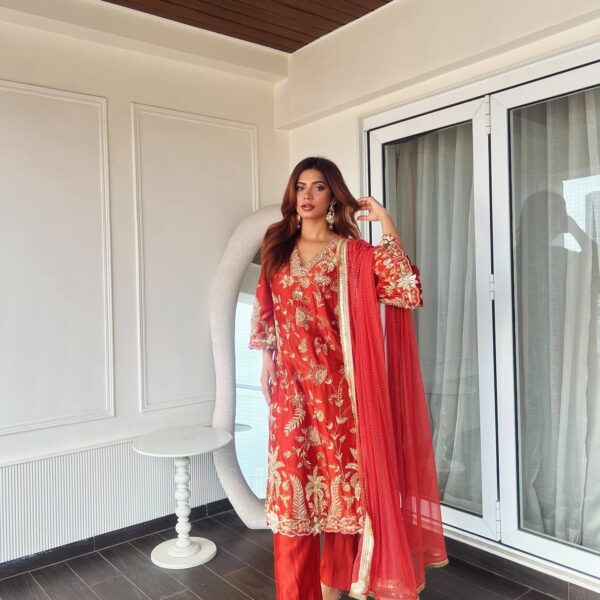 Designer Red Ethnic Wear Set with Golden Thread Work